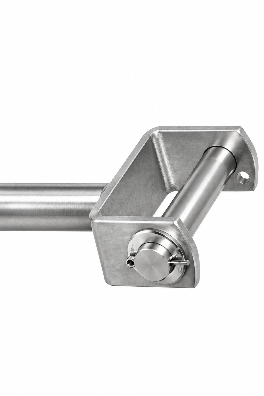 Close-up of a galvanized steel mounting bracket and horizontal pole, showing a threaded bolt assembly on a plain white background.