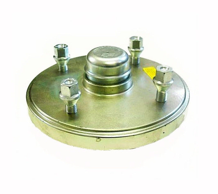 A heavy-duty unbraked trailer hub with 4 bolt holes and a 5.5 inch PCD, made from cast iron and zinc plated for corrosion protection, complete with bearings, grease cap, and wheel bolts.