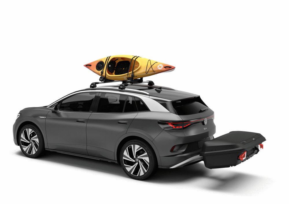 Thule Arcos M Rear-Mounted Cargo Box 906102 On Car with Kayak