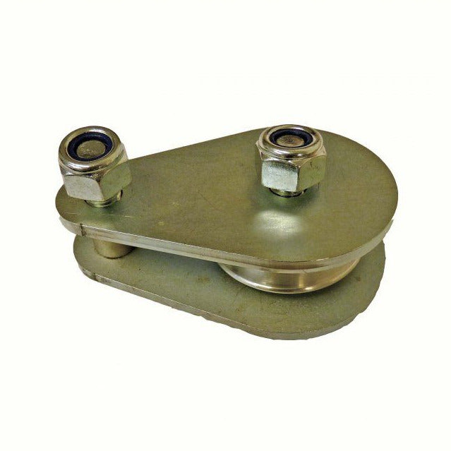 A metal winch pulley block designed for mounting to a vehicle trailer to increase the winch capacity.