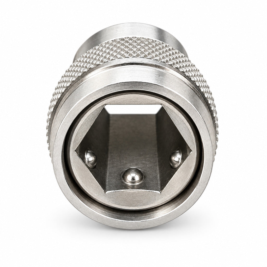 A close-up of a metallic hex socket winch attachment on AlKo winch Handle