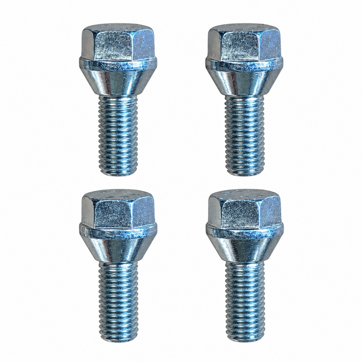 Four galvanized steel hex nut wheel bolts arranged in a 2x2 grid on a plain white background.