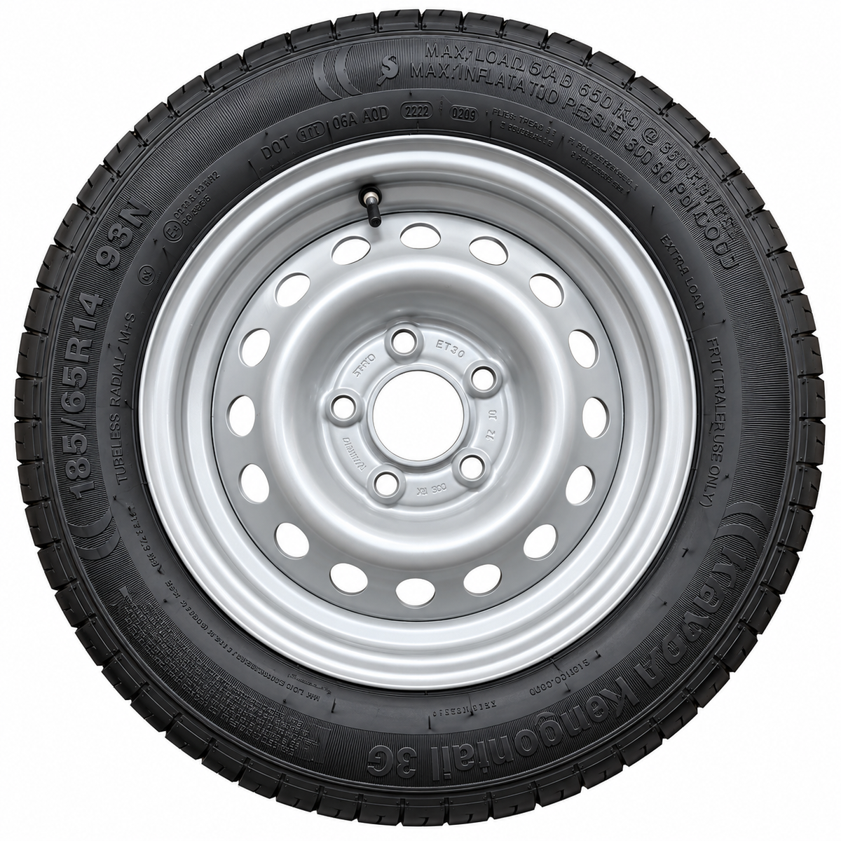 face view of 14" Trailer wheel showing 185/65r14 93N Tyre fitted to rim with 5 stud 112mm PCD.