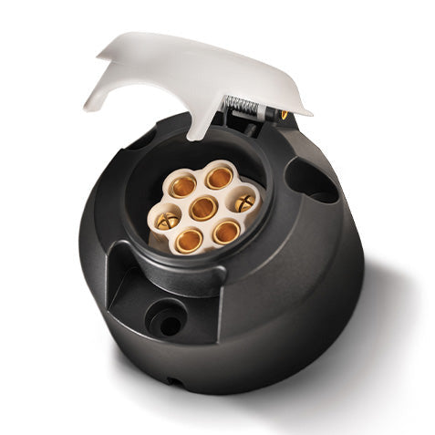 Maypole MP31 Grey Caravan socket with lid open showing the 7 pin configuration